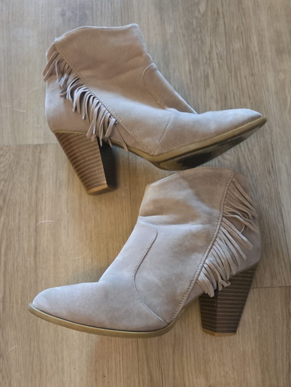 BAMBOO Taupe Fringe Suede Ankle Boots